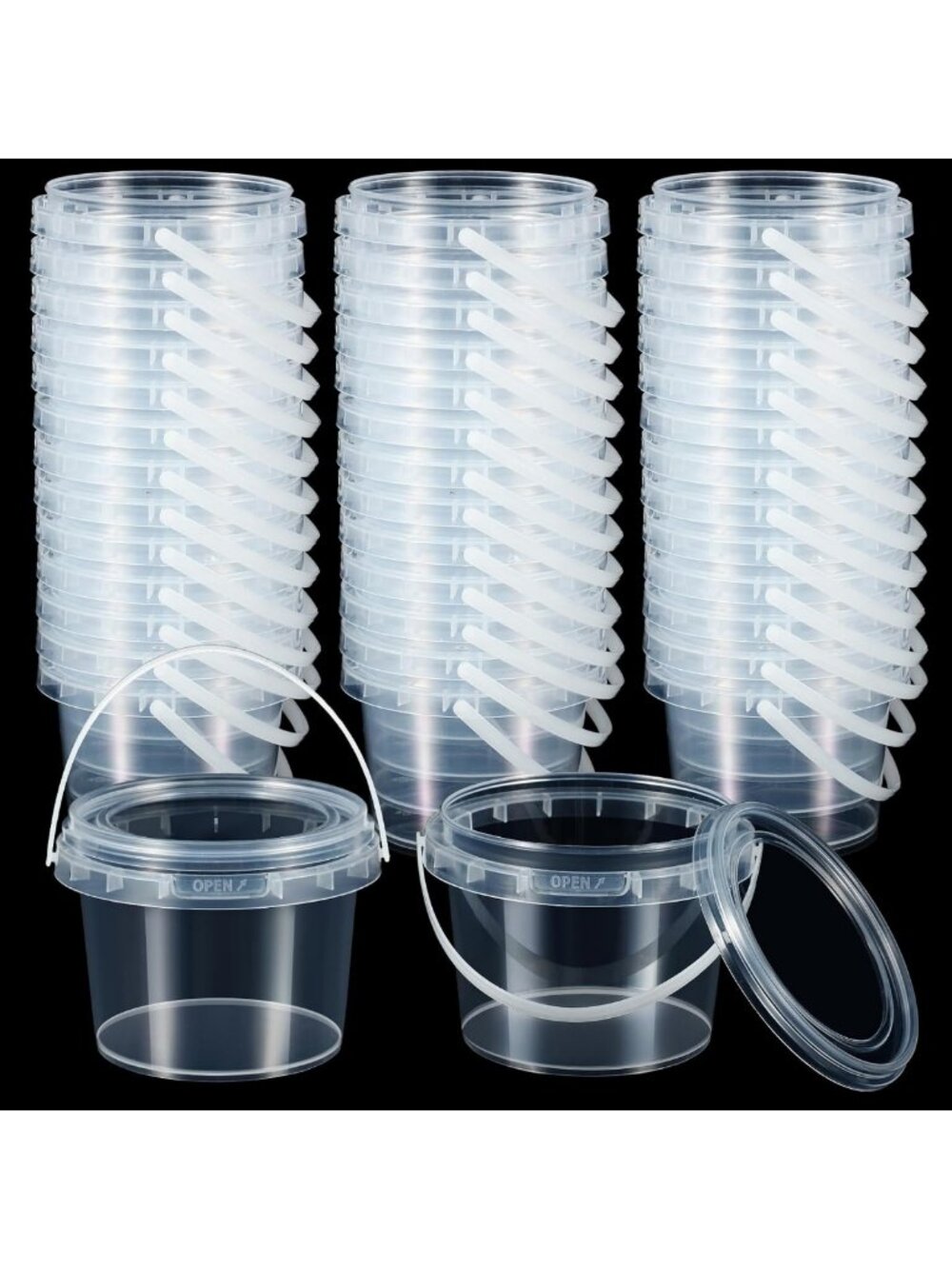 100 Pcs Clear Plastic Buckets with Lids & Handles - Versatile Storage Solution